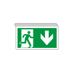 Cartello SOSPESO bifacciale uscita emergenza fr. indietro EN ISO 7010
