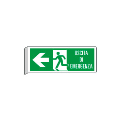 Cartello BIFACCIALE uscita emergenza a sinistra c scritta EN ISO 7010