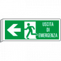 Cartello BIFACCIALE uscita emergenza a sinistra c scritta EN ISO 7010