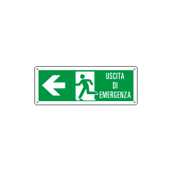 Etichetta uscita di emergenza freccia a sinistra e scritta EN ISO 7010
