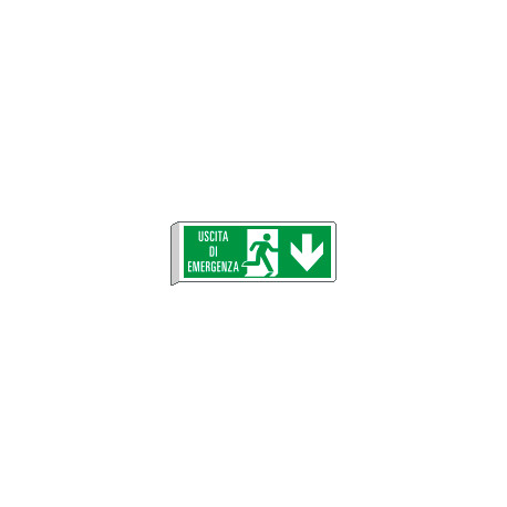 Cartello BIFACCIALE uscita emergenza indietro con scritta EN ISO 7010