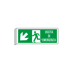 Cartello BIFACCIALE uscita emergenza in basso sn +scritta EN ISO 7010