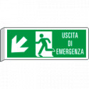 Cartello BIFACCIALE uscita emergenza in basso sn +scritta EN ISO 7010