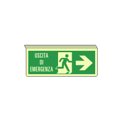 Cartello sospeso luminesc. uscita emergenza freccia a dx EN ISO 7010
