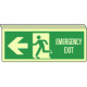 Cartello sospeso bifacciale lumin. uscita emergenza a sx. EN ISO 7010