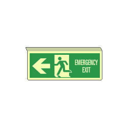 Cartello sospeso bifacciale lumin. uscita emergenza a sx. EN ISO 7010