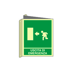Cartello bifacciale DIN PLUS uscita emergenza sinistra