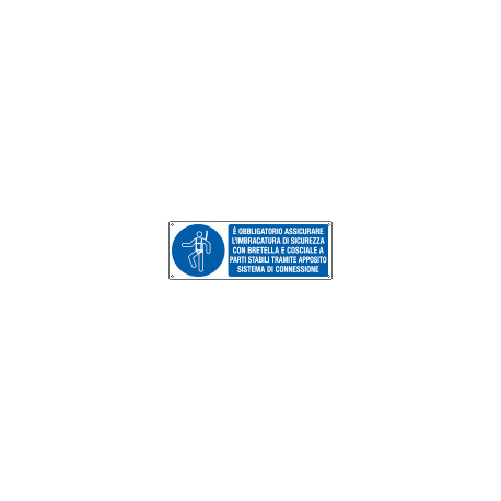 Cartello obbligo assicurare l'imbracatura con bretella e. . . EN ISO 7010