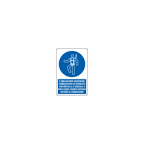 Cartello obbligo assicurare l'imbracatura con bretella e. . . EN ISO 7010