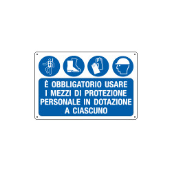 Cartello obbligo Usare imbracature scarpe guanti elmetti EN ISO 7010