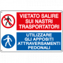 Cartello multisimbolo vietato salire sui nastri trasp. . . EN ISO 7010