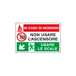 Cartello multisimbolo In caso di incendio discesa sinistra EN ISO 7010