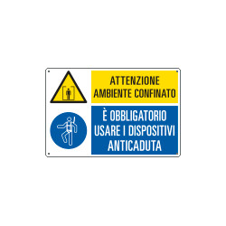 Cartello multisimbolo ambiente confinato usare anticaduta EN ISO 7010