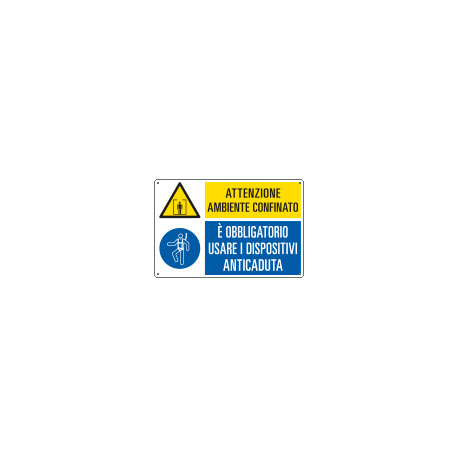 Cartello multisimbolo ambiente confinato usare anticaduta EN ISO 7010
