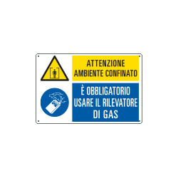 Cartello multisimbolo ambiente confinato usare rilevatore gas ISO 7010