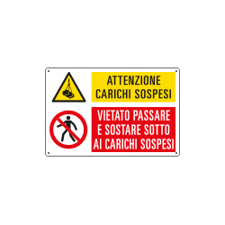 Cartello multisimbolo ATTENZIONE CARICHI SOSPESI . . . EN ISO 7010