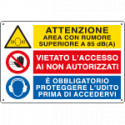 Cartello multisimbolo ATTENZIONE AREA CON RUMORE super. . . EN ISO 7010