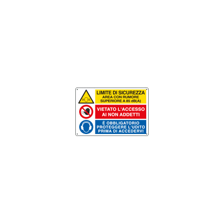 Cartello multisimbolo LIMITE DI SICUREZZA area con rumore EN ISO 7010