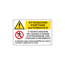 Cartello multisimbolo ATTENZIONE PORTONE AUTOMATICO e'. . . EN ISO 7010