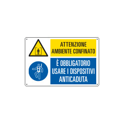 Cartello multisimbolo ambiente confinato usare anticaduta EN ISO 7010