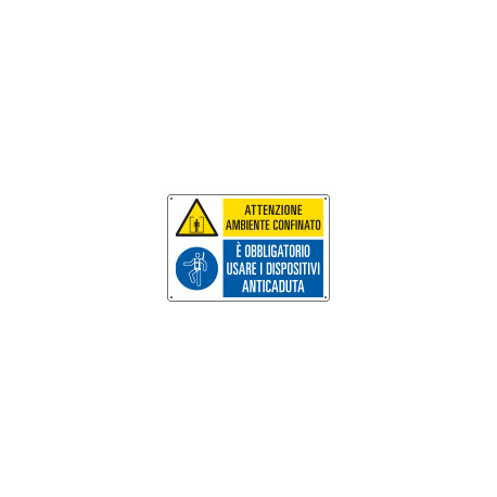 Cartello multisimbolo ambiente confinato usare anticaduta EN ISO 7010