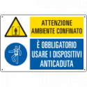Cartello multisimbolo ambiente confinato usare anticaduta EN ISO 7010