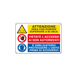 Cartello multisimbolo ATTENZIONE AREA CON RUMORE superiore EN ISO 7010