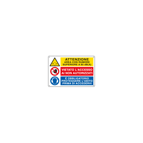 Cartello multisimbolo ATTENZIONE AREA CON RUMORE superiore EN ISO 7010
