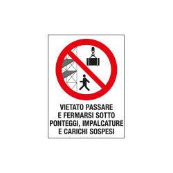 Cartello in Polionda Vietato passare e fermarsi sotto ponteggi. . . . .