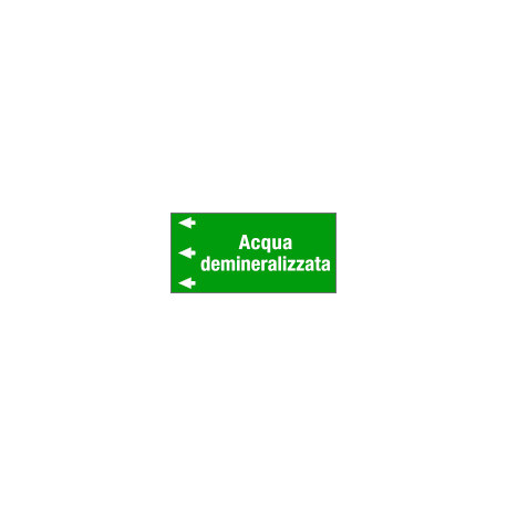 Etichetta fondo verde "ACQUA DEMINERALIZZATA" sinistra